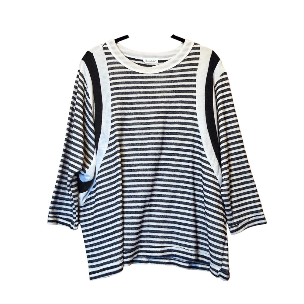 Bucket List Top Women Medium Navy White Striped Terry Knit Rugged Stitching Boho